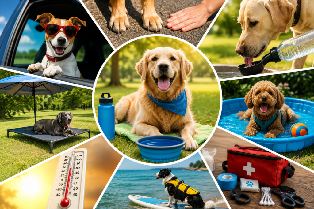summer safety surrounding a dog in the middle of the safety items 